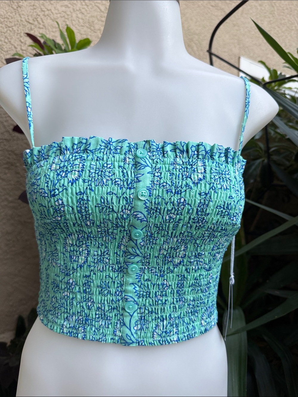 New Roller Rabbit Smocked Floral Cotton Crop Cami Top - Mint Blue